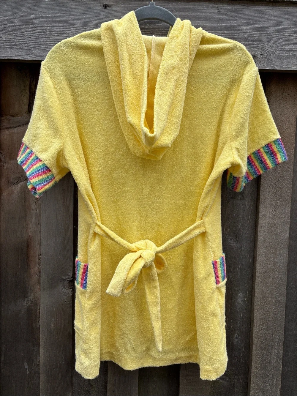 Vintage Avon Hooded Zip Terry Robe Zip Cover Up Yellow Kids with Rainbow Trim